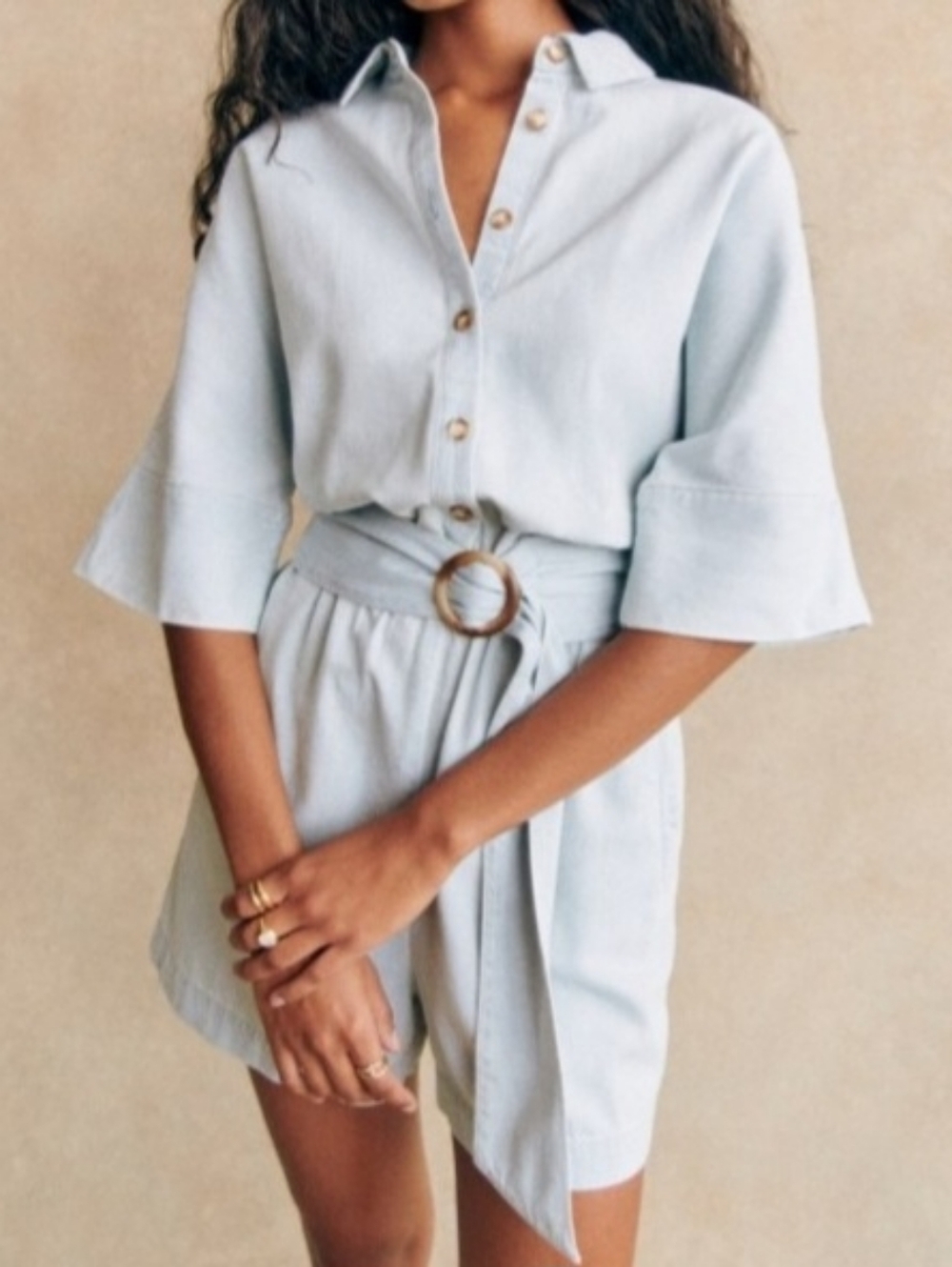 Sezane Romper Jumpsuit Light Blue Denim